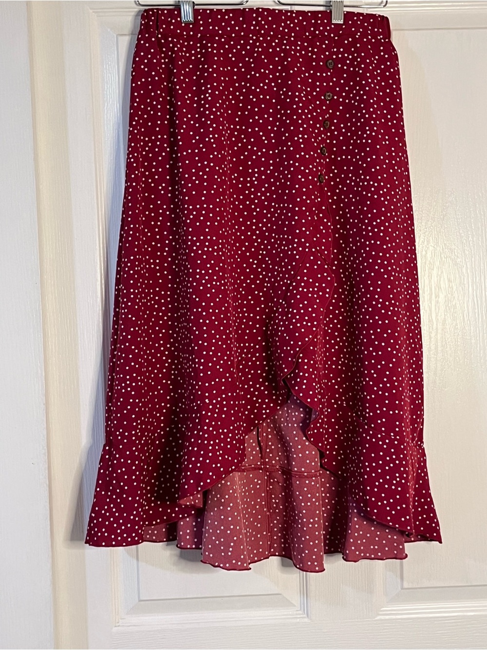 BloomChic Dark Red and White Polka Dot High-Low Skirt